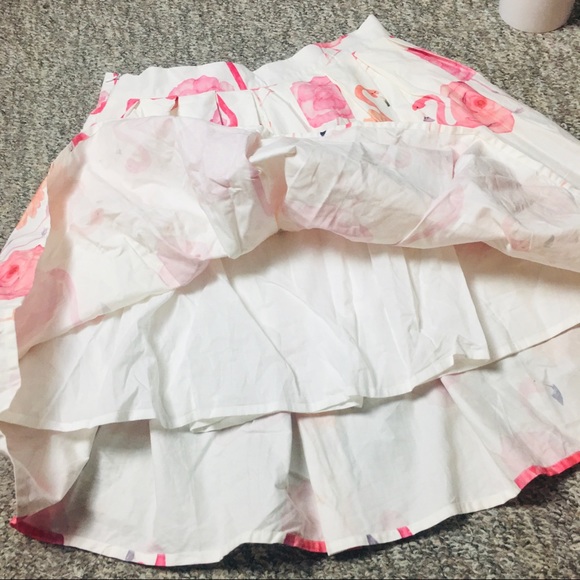 Chicwish White Pink Flamingo Knee Length Print Pleated A-line Midi Skirt Medium - Picture 13 of 16